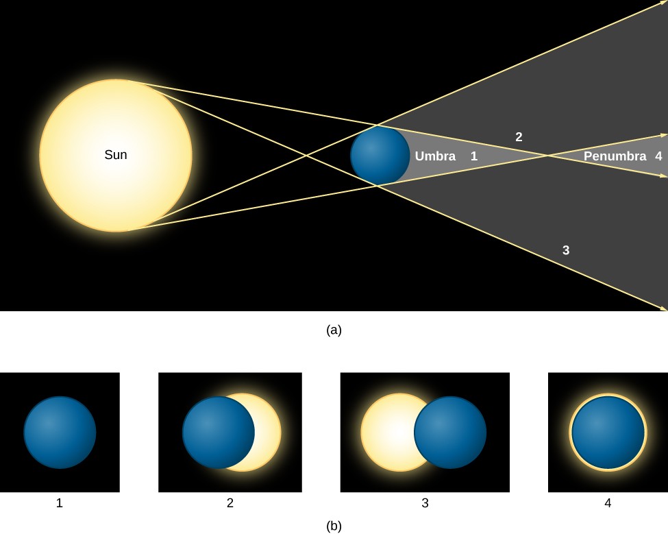 Solar Eclipse. In panel (a), at top, the geometry of a solar eclipse is drawn as seen from above. At left the Sun is drawn as a large yellow disc. At center, a hypothetical spherical body is drawn as a blue disc. The shadow cast by this body is indicated by two yellow arrows which are drawn from the top of the Sun’s disk to the blue body; one touches the top of the body and continues to the right and one touches the bottom and continues to the right. To complete the shadow, two yellow arrows are drawn from the bottom of the Sun’s disk to the blue body; one touches the bottom of the blue disc and continues to the right and one touches the top and continues to the right. Beyond the blue disc on the right side of the diagram, four areas within the shadow are indicated with numbers corresponding to the images in panel (b). At position 1, closest to the blue disc, the eclipse is total. At positions 2 and 3 the eclipses are partial. At position 4, furthest from the blue disc, the eclipse is annular.