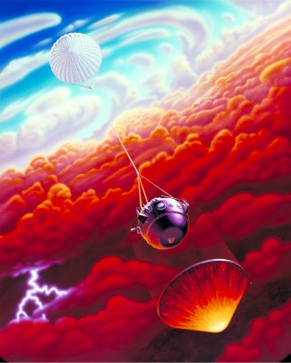 Artist’s depiction of the Galileo Probe entering Jupiter’s atmosphere. At upper left the parachute is seen, connected by a cable to the spherical-shaped probe near the center of the illustration. At lower right, the protective heat shield falls ahead of the probe, protecting it from the heat of entry.