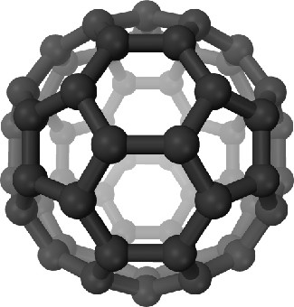 Artist’s 3D Rendering of a Fullerene C60 Molecule. Carbon atoms are shown as black spheres, and the chemical bonds between them shown as black cylinders. The shape of the 