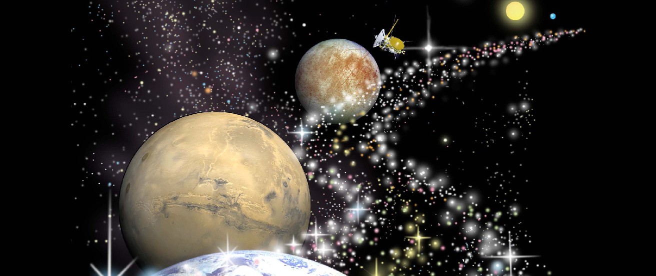 The Road to Life in the Universe. At lower left is Mars above and behind a small portion of Earth in the foreground. Beyond Mars, up and to the right, is Europa. Finally, at upper right, is a star with an orbiting planet. To the right of these objects, a road of stars winds its way into the distance, with a scientific spacecraft following the road to scientific discovery.