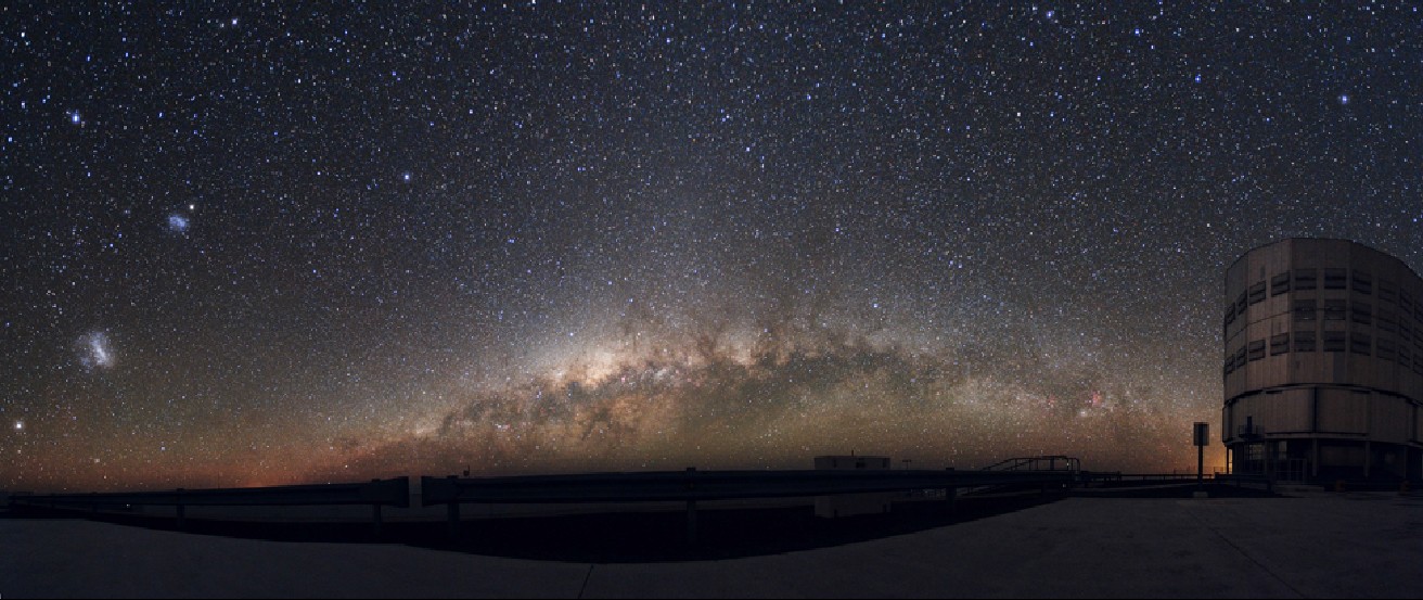 A photograph of the night sky. The bright band of the Milky Way arcs up just above the horizon in this photograph taken in the southern hemisphere. At left the Large and Small Magellanic Clouds can be seen as bright splotches of light. At right a structure housing a large telescope is silhouetted against the sky.