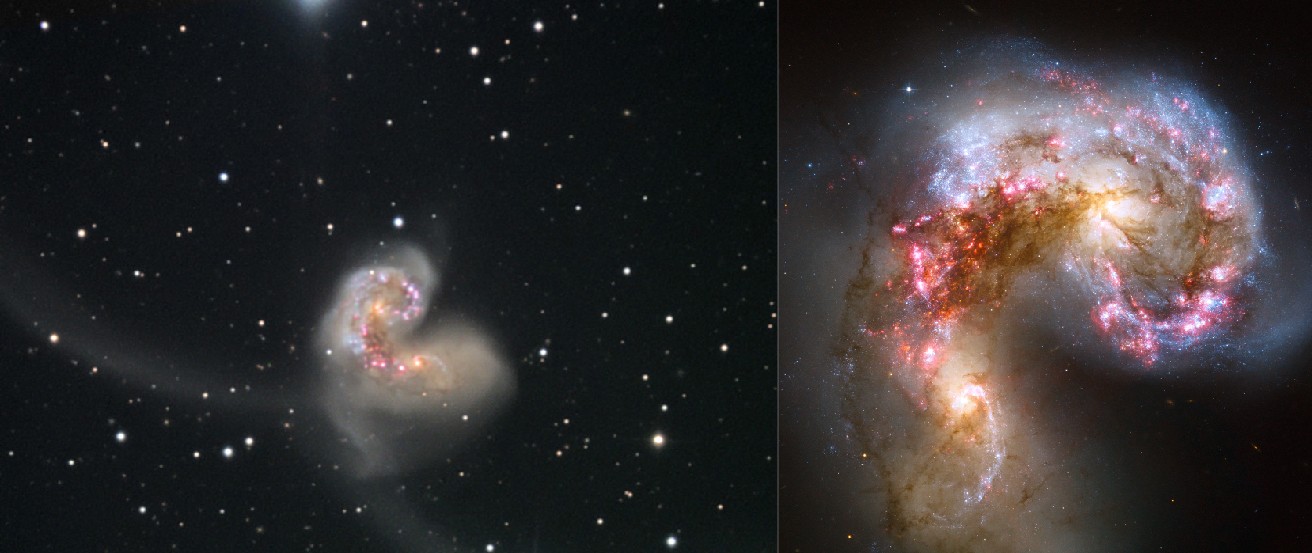 Colliding Galaxies. The panel on the left is a ground-based image of NCG 4038 and 4039, with streams of material torn out of the galaxies during the collision at center left and upper right. The panel on the right shows the cores of the two galaxies taken by the Hubble Space Telescope.