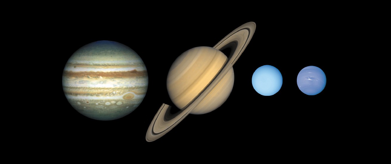 The Gas Giants. From left to right: cloudy Jupiter, ringed Saturn, light-blue Uranus and dark-blue Neptune.