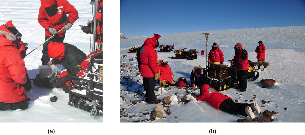 Image A is a photo of the US Antarctic Search for Meteorites digging a meteorite out of the snow. Image B is another photo of the scientists recovering the meteorite at an angle that shows more of their equipment.