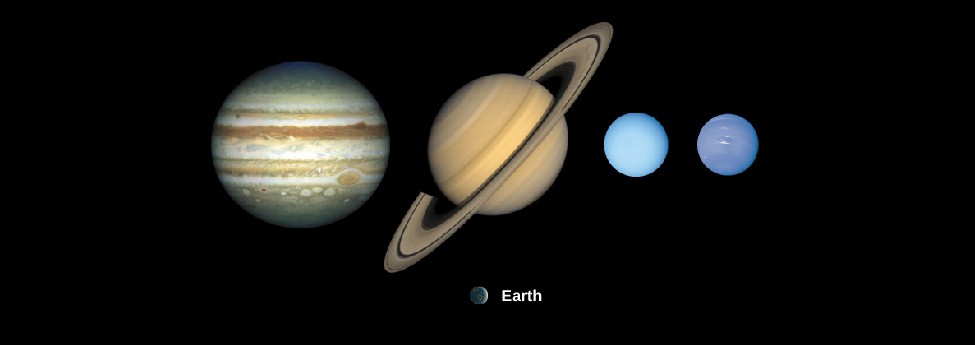 Diagram of the Four Giant Planets Shown to Scale. Arranged from left to right are Jupiter, Saturn, Uranus, and Neptune. Also shown to scale at lower center is the Earth.