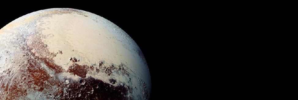 Image of a portion of the surface of Pluto. In this photograph from New Horizons, the smooth, white Sputnik plains are seen covering most of the upper right of the image. Rugged, heavily cratered terrain covers the lower center and upper left.