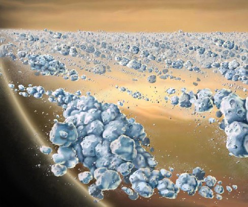 An artist’s impression of the inside of the rings of Saturn, showing floating chunks of ice floating together in small groups.