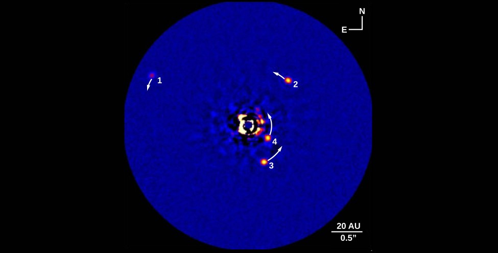 Image of Exoplanets Around HR 8799. In this image North is up and East is to the left. At center is the position of the star, which has been removed from the image to reveal the planets. Scattered around the center are the 4 directly imaged planets, with 3 on the right and one on the left. Each has a semi-circular arrow attached indicating its direction of motion around the star. At lower right a scale of 20 AU / 0.5