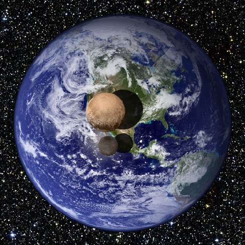 An image showing the comparison of the sizes of Pluto, Charon, and Earth. Earth is roughly six times larger than Pluto, and Pluto is roughly three times larger than its moon, Charon.