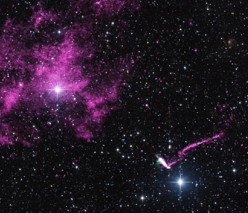 Multi-wavelength Image of a Pulsar’s Trail. The thin trail of light left as the pulsar moves through space is seen at lower right, above one of two bright stars in this image. The other bright star is at upper left, surrounded by a cloud of diffuse gas.