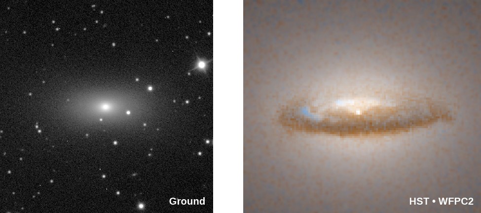 Galaxy with a Black-Hole Disk. In the ground based image at left, the galaxy NGC 7052 looks like a regular elliptical galaxy. At right, the high resolution HST image of the core of NGC 7052 shows a dark disk of material surrounding the bright nucleus at the center of the galaxy.