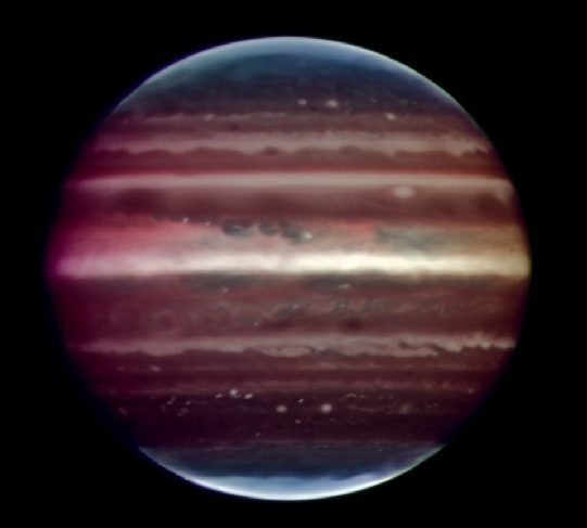 Image of the planet Jupiter taken in infrared light with adaptive optics with the Very Large Telescope in Chile. This high resolution image shows cloud details on Jupiter that rival those taken by the Hubble Space Telescope in Earth orbit.