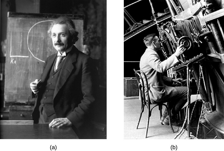 Part a is a photograph of Albert Einstein in front of a chalkboard. Part b is a photograph of Edwin Hubble using telescope equipment.