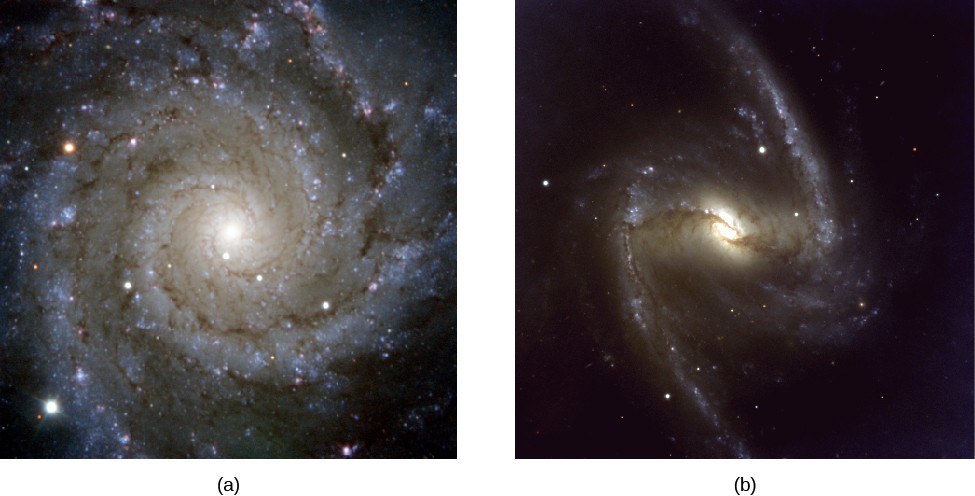 Unbarred and Barred Spiral Galaxies. Panel (a), at left, shows the beautifully symmetric spiral form of M74. The blue spiral arms and dust lanes spiral neatly into the bright nucleus at center. Panel (b), at right, shows the barred spiral NGC 1365. A bar of yellow stars projects out from the nucleus at center, with a nearly straight blue arm at each end of the bar.
