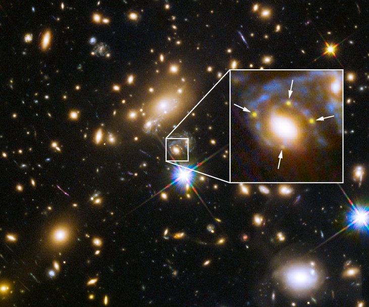 Multiple Images of a Gravitationally-lensed Supernova. The background image is of a distant galaxy cluster through which the light of an even more distant supernova has passed (white box at center). The enlargement at right shows the four images of the supernova (arrowed) around the lensing galaxy.
