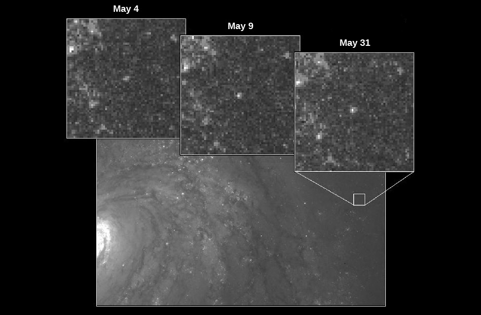 Cepheid Variable Star in M100. In the background of this image is a portion of the galaxy M100. At center right is a small white box indicating the area that contains the variable star observed using the Hubble Space Telescope. Along the top of the image are three insets showing the star at three different times. From left:
