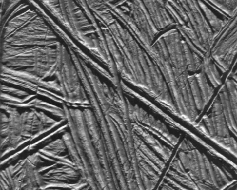 An image of high resolution ridges on Europa.