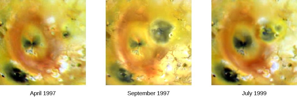 A series of three images that show color change due to volcanic eruption on Io. The left most image is dated 