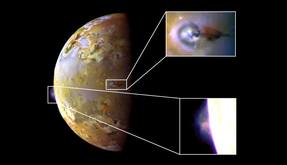 On the left is an image of volcanic eruption on Io. On the right are two smaller close-up images of volcanic eruption.