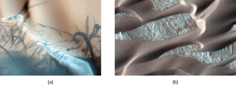 Dust devil tracks and sand dunes. In panel (a), on the left, the paths of dust devils are seen as dark, twisted streaks on a red, sandy surface. In panel (b), on the right, a portion of a much larger area of sand dunes is shown which resembles the great dunes in the Sahara.