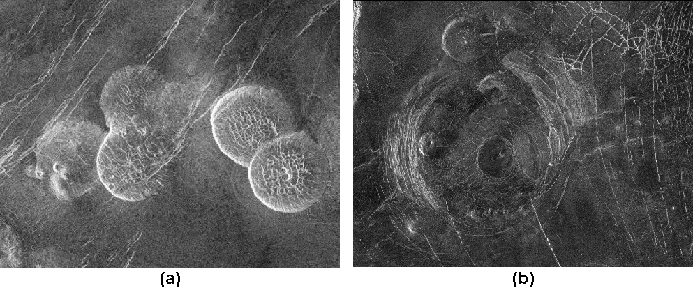 Part A shows pancake-shaped volcanoes on Venus. Five of these dome-shaped volcanoes are shown in this image. Three are clustered together in the center left of the photograph, and two others are clustered together in the center right of the photograph. Part B shows the Fotla Corona. This circular volcanic feature, when seen from above, has the appearance of the beloved Muppets character. Three pancake volcanoes lie within the corona, one below center for the snout, one above and one to the left for the eyes. A single pancake volcano above and outside the corona forms one of the ears.
