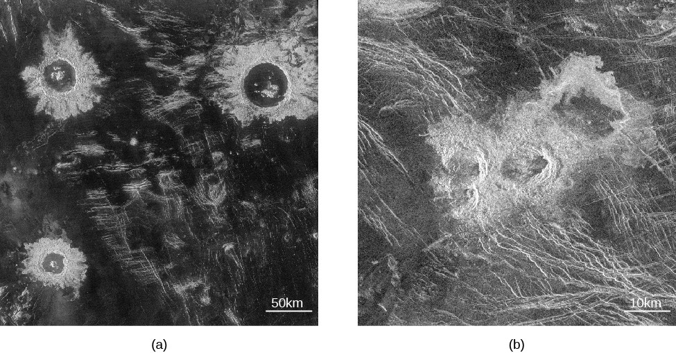 Radar image of impact craters on Venus. In panel (a), on the left, three impact craters are seen surrounded by ejecta fields. The scale at the lower right reads 