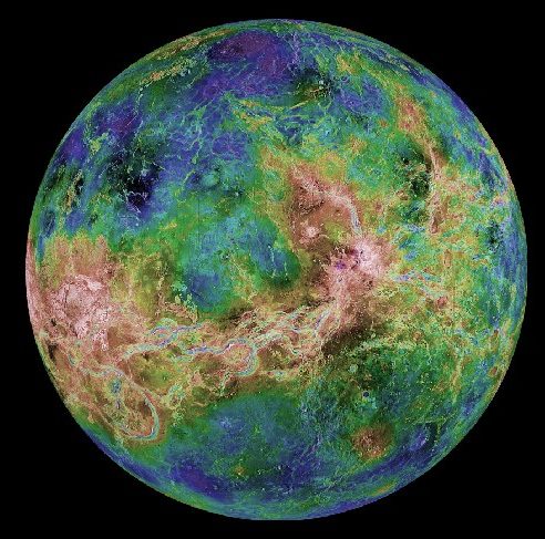 False-color radar map of Venus. The hemisphere shown in this image has lower regions that lie at higher latitudes (top and bottom), and highlands in the equatorial zone (center).
