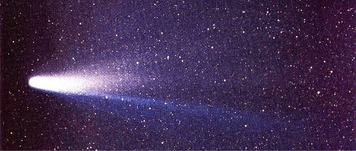 The head of Comet Halley. In this photograph the bright head, or coma, is seen at left, with the tail trailing away toward the right.