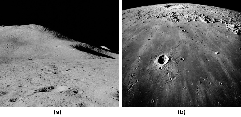 Part A is a photograph of a Lunar Mountain. The smooth contour of Mt. Hadley is seen against the inky blackness of space. Part B is a photograph of a Lunar Mare. Image of Mare Imbrium taken from Lunar orbit showing the smooth, little cratered surface typical of maria.