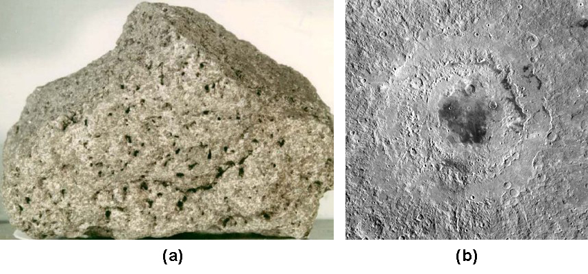 Part A is a photograph of a Lunar Rock. A sample of basaltic rock from the Lunar surface is shown, with the many holes left by gas bubbles giving the rock the appearance of a sponge. Part B is an image of Mare Orientale. A huge impact basin not seen directly from Earth, with many terraced rings extending out about 500 km from the flat, lava-filled central basin.