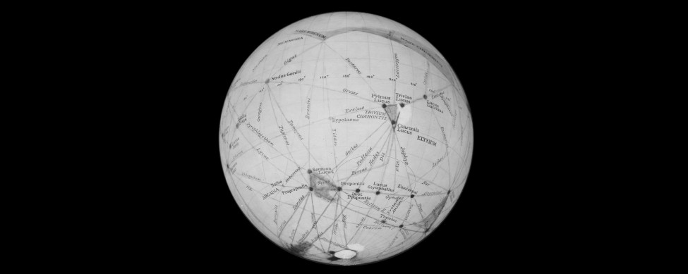 Image of Lowell’s Mars globe. Lowell’s globe, based on his visual observations, is crisscrossed with straight lines which he claimed were canals. Dark areas corresponding to actual features are also depicted.