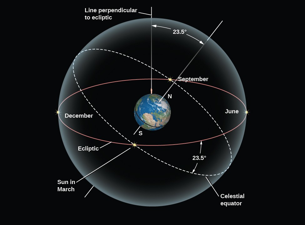 The Tilt of the Celestial Equator. At the center of the figure the Earth is drawn with the North and South poles labeled and the Equator drawn as a black line. An observer is shown standing in the Northern Hemisphere. The Earth is embedded in a sphere representing the sky. A line is drawn vertically upward from the observer to the sphere, and is labeled 