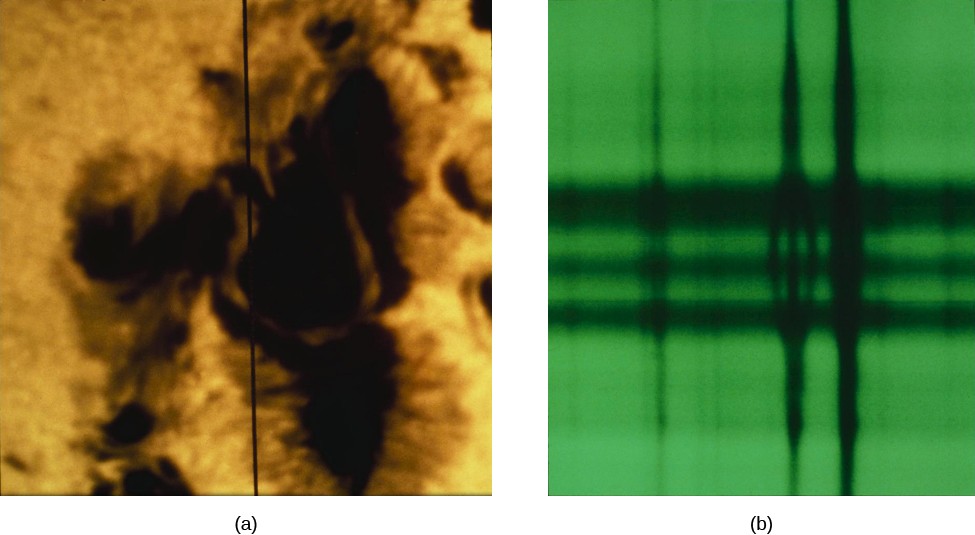 A figure illustrating the Zeeman Effect. On the left is a photograph of a sunspot, and on the right is a spectrograph.