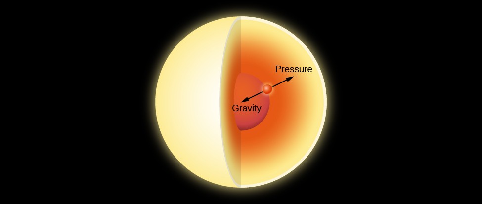 Illustration of Hydrostatic Equilibrium. In this cutaway drawing of a star an imaginary point, drawn as a red dot, is placed about halfway between the center and the surface. Two equal length arrows are drawn from the red dot. One arrow points toward the center of the star and is labeled