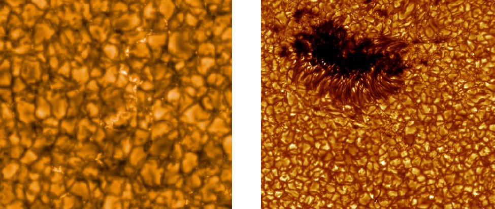 Two images that show the granulation pattern on the surface of the sun. A series of convection cells make a pattern similar to fish netting.