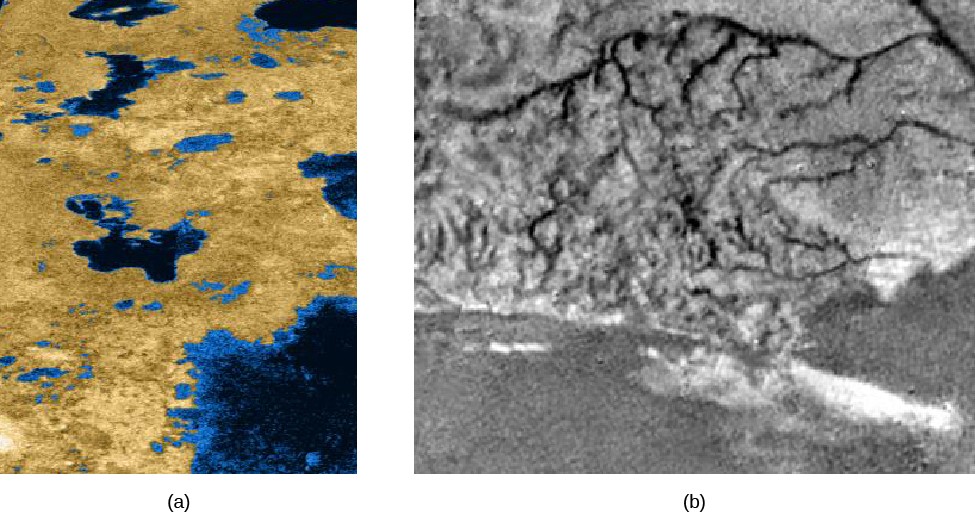 Two overhead images of lakes on Titan. The image on the left shows a number of liquid lakes on Titan’s surface. Rough terrain surrounds the lakes. The image on the right shows an area of Titan’s surface with high ridges and narrow erosion channels that resemble rivers.