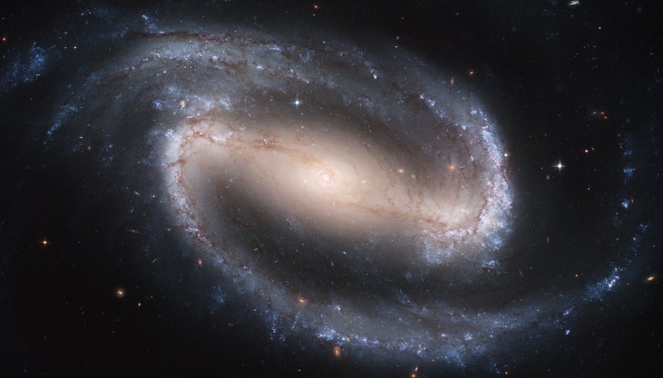 Barred Spiral Galaxy NGC 1300. Instead of the smooth, graceful arms that emerge from the nucleus of a spiral like M100, a barred spiral has straight, elongated structures on either side of the nucleus from which the curved arms originate.