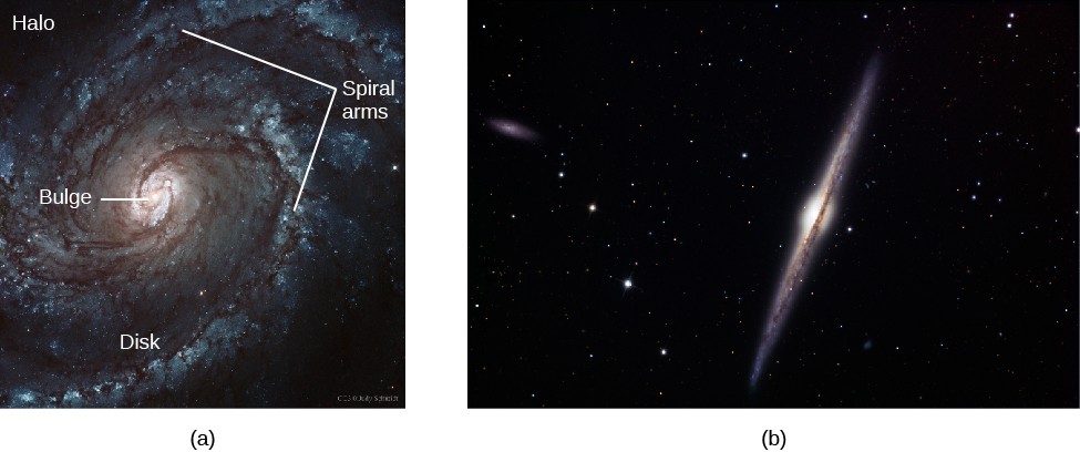 Two Views of Spiral Galaxies. In panel (a), at left, the face-on spiral M100 is shown with the major components labeled. At center is the 