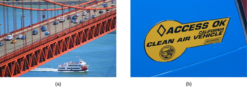 Image A shows the Golden Gate bridge with a moderate amount of traffic. Image B shows a sticker on a car that states 