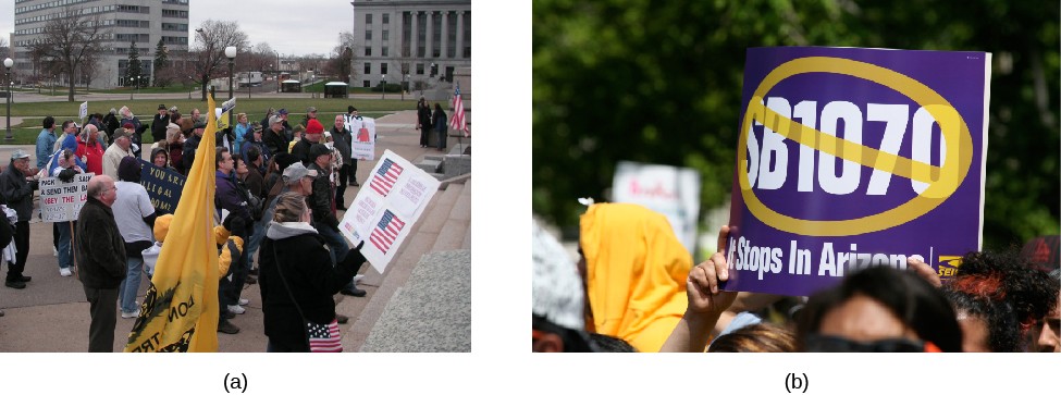 Image A shows a group of people with signs and flags. Image B shows a sign held above a crowd; the sign shows 