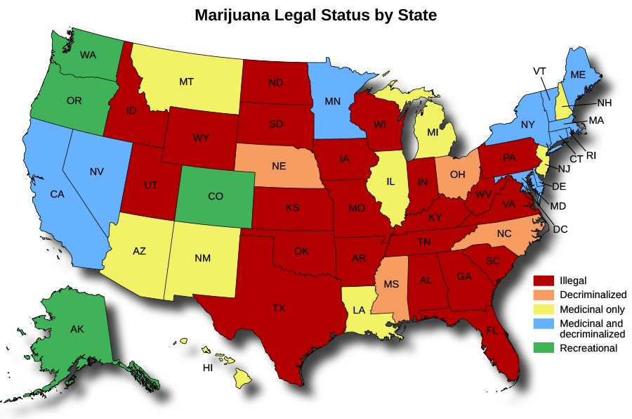 A map of the Unites States titled Marijuana Legal Status by State
