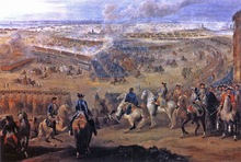 The Battle of Fontenoy. Soldiers on horses are overlooking a valley where a battle is taking place. 