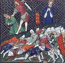 The capture of French King John II. A man is holding a sword over head while King John II kneels in front of him. Many other soldiers are bleeding and wounded.