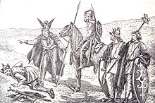 Gaulish soldiers. Three men standing with weapons and one man on a horse while another is laying on the ground, presumed dead.