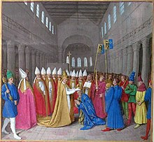 The Coronation of Charlemagne. Several men are gathered in a large hall and one man is placing a crown on the head of another.