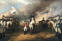 Lord Cornwallis surrenders at Yorktown. Lord Cornwallis rides on a horse in between ranks of soldiers. 