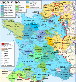 Map of France in the late 15th century, specifically showing feudal territories. 