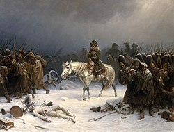 Napoleon is riding on a white horse in the snow, retreating with his troops from Moscow, Russia. 
