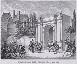 Louis XVIII is entering the Hôtel de Ville de Paris. 