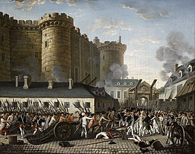 The storming of the Bastille. Riots of people are outside of a castle. 
